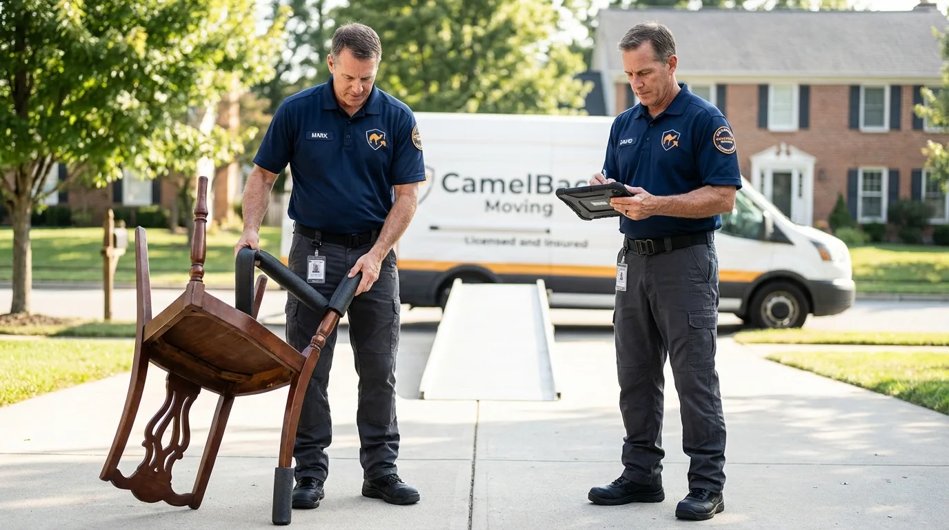 Movers inspecting furniture for damage prevention before loading in Spring City, PA