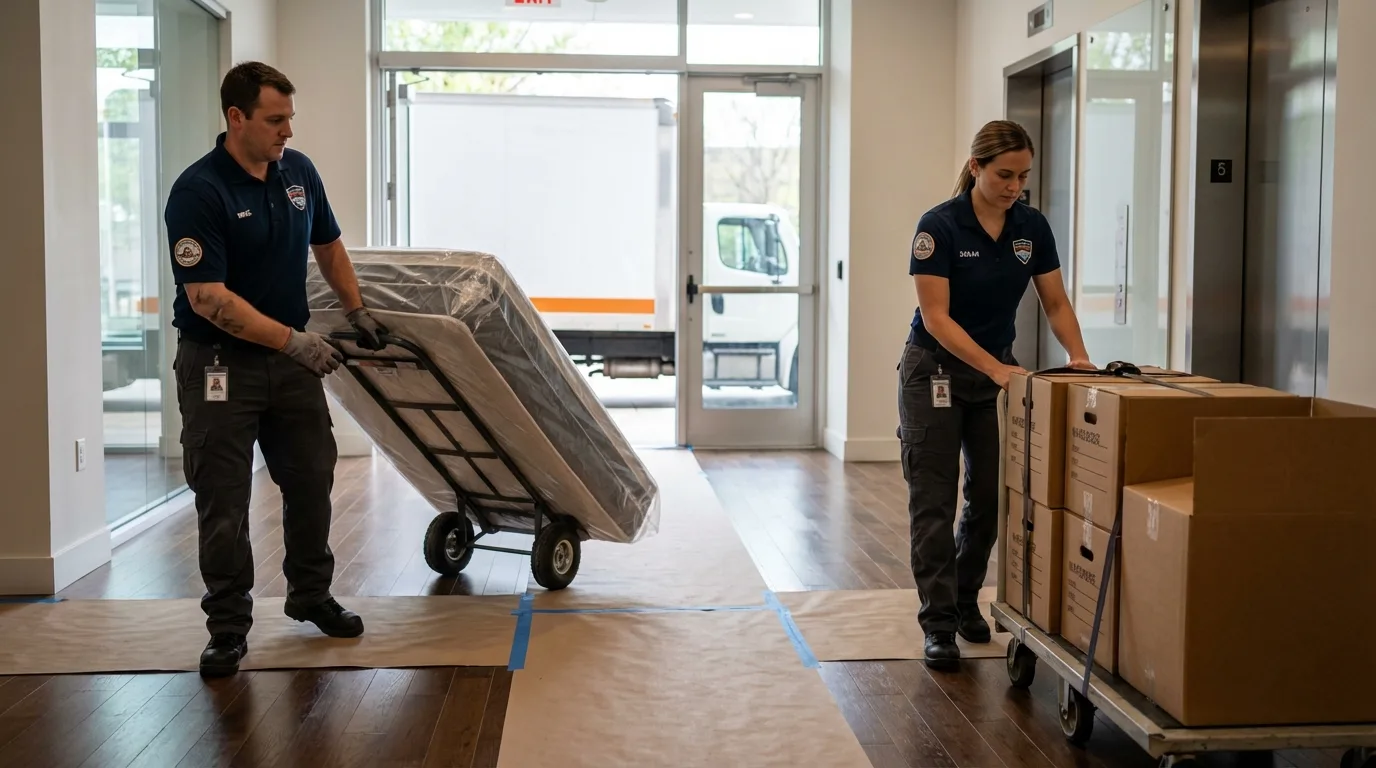 Professional apartment movers loading elevator in Spring City, PA